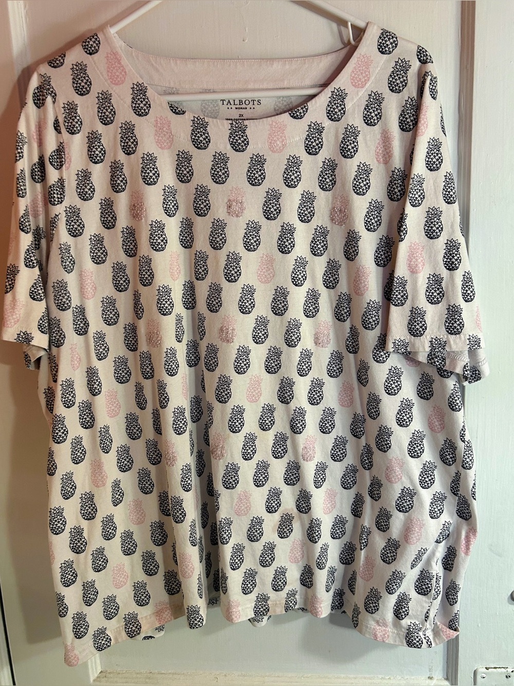 Talbots Cream Tee with Black and Pink Pineapple Print